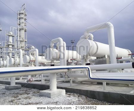 Heat exchangers in a refinery. The equipment for oil refining.