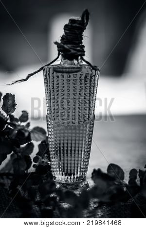 Close Up Of Oil Of Ocimum Tenuiflorum.., Holy Basil In A Transparent Bottle.