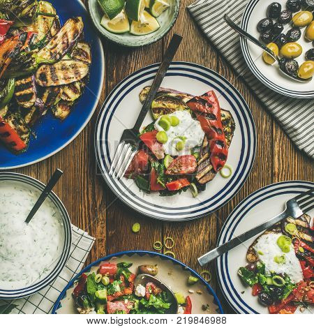 Flat-lay of healthy dinner table setting. 