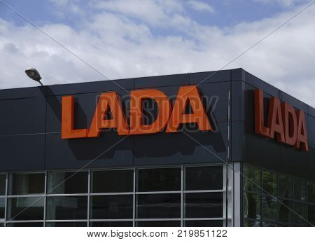 BereznikiRussia-July 10 : sign Official dealership of Lada. Lada is a Russian automobile manufacturer