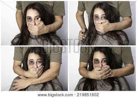 Violent man silencing a woman in a concept of domestic violence towards women with four views of him with his hand over her mouth from behind
