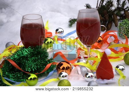 Christmas decorations pine cones snow candy and fir branches.
