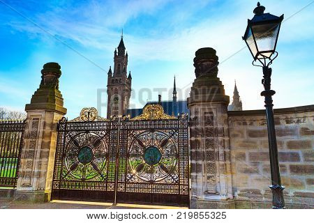 Gate of Peace Palace at Hague, Netherlands at sunset