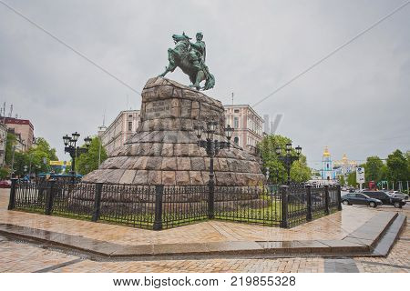 Historic monument of famous Ukrainian Hetman Bogdan Khmelnitsky on Sofia square in Kiev, Ukraine, Europe