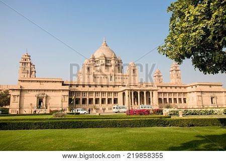 Jodhpur India - 2015 January 2 : The Umaid Bhawan Palace which is partly a royal residence and partly a luxury hotel on the outskirts of the city of Jodhpur in central Rajasthan India