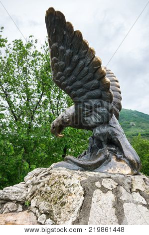 The bronze sculpture of an eagle fighting a snake on a Mashuk mountain Pyatigorsk Russia. Official symbol of the Caucasian Mineral Waters