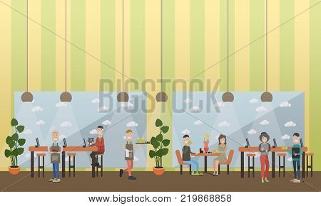 Internet cafe concept vector illustration. Waiters serving coffee and cakes to customers internet users. Freelancers working using tablets. Flat style design.