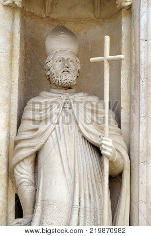 ZAGREB, CROATIA - AUGUST 23: St. Quirinus, west portal of the church of St. Mark in Zagreb, Croatia on August 23, 2017.