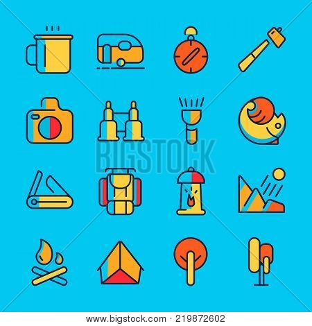 Camping and adventure line icon set with sixteen colourfull objects such as binocular, compass, tent hand drawing vector illustration