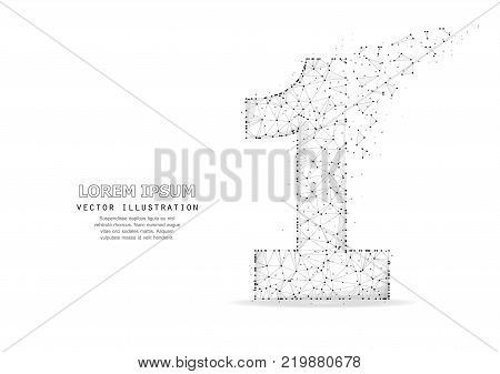 Number one 1 symbol. Triangular polygonal wireframe art with dots and crumbling edge. Isolated on white background. Concept illustration of success, win, leader, best or other.