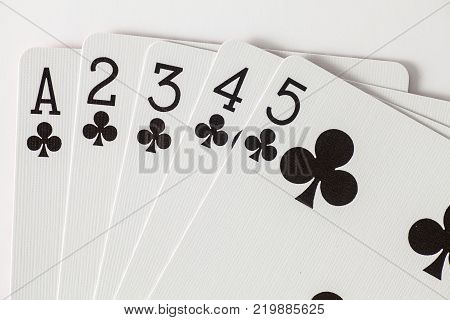 Playing Cards Low Straight Flush in Clubs