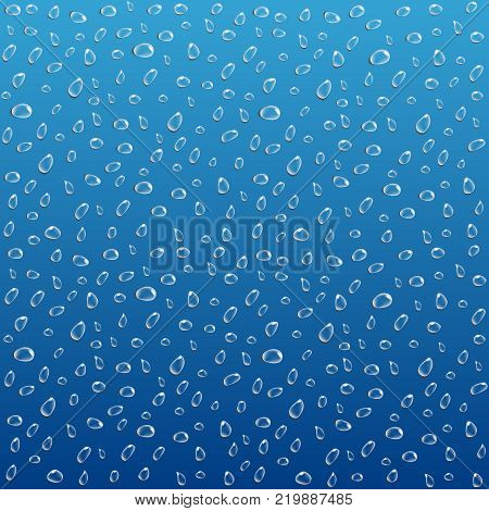 Transparent and realistic water droplets on a blue background. Vector drops of different shapes for your design