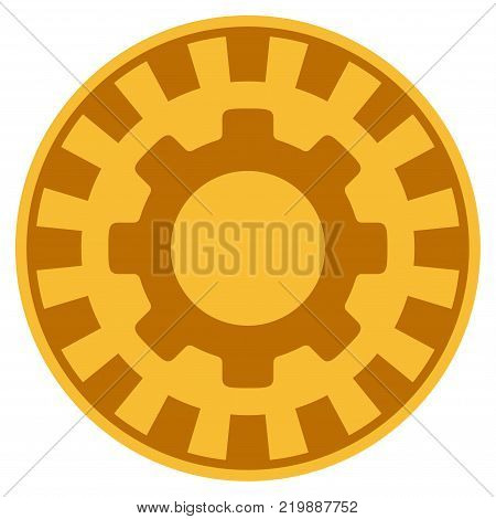 Gear golden casino chip pictograph. Vector style is a gold yellow flat gambling token symbol.