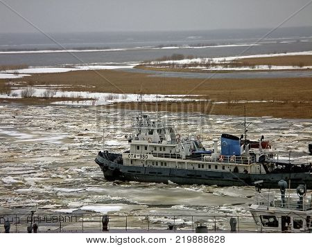 Salekhard, Russia - February 27, 2007: The commencement of navigation in the northern river of the Ob. Passenger ship.