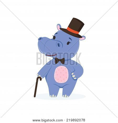 Funny baby hippo character wearing top hat and bow tie standing with cane, cute behemoth African animal vector Illustration on a white background