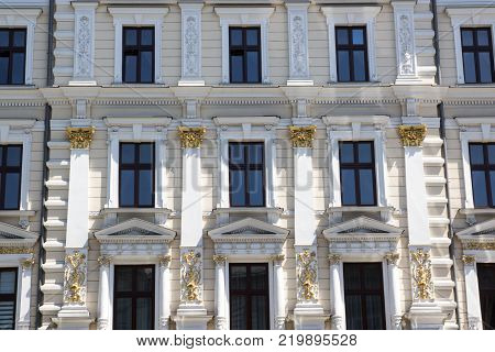 Facade of the old white vintage house