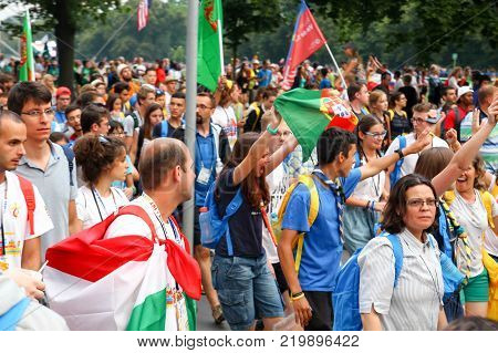 KRAKOW POLAND - 2016 - World Youth Day 2016 A crowd of people with flags Portugal