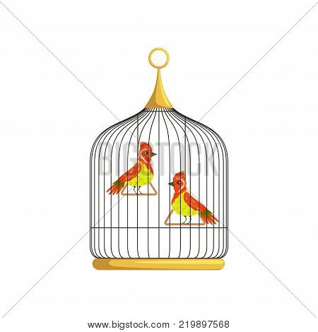 Two small bright-colored birds with a long narrow beaks and crests. Feathered creatures on triangle swings in cell. Flat graphic design for placard or flyer. Vector illustration isolated on white.
