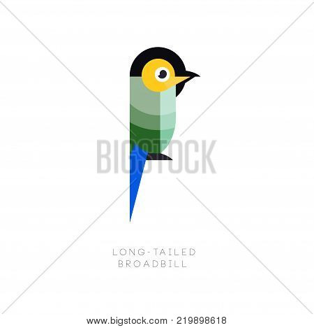 Logo template of colorful long-tailed broadbill. Small exotic bird made from geometric figures. Flat vector illustration isolated on white background. Original design for company logo, print or emblem