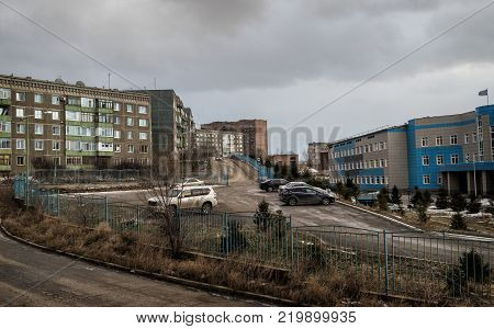 Kazakhstan Ust-Kamenogorsk december 27 2017: Urban landscape. Architecture background. One of the areas of the city