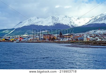View on the Center of Ushuaia Tierra del Fuego, Argentina. Ushuaia is the capital of Tierra del Fuego. 