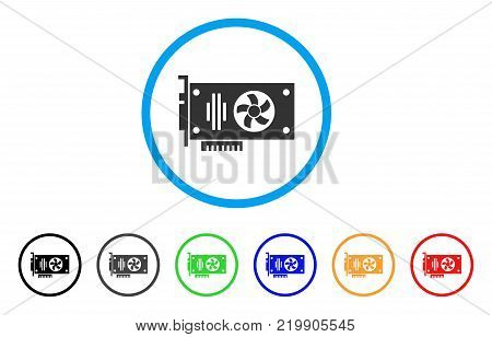 Videocard rounded icon. Style is a flat grey symbol inside light blue circle with bonus colored versions. Videocard vector designed for web and software interfaces.