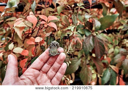 Young girl hand holding famouse 1 one Grosz Dwarfs souvenir in Wroclaw Poland.