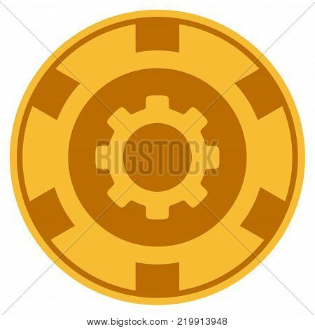 Gear golden casino chip pictogram. Vector style is a gold yellow flat gamble token symbol.