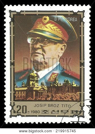DPR Korea - circa 1980: Stamp printed by Korea Color edition on Eminent personalities Shows portrait of Josip Broz Tito circa 1980