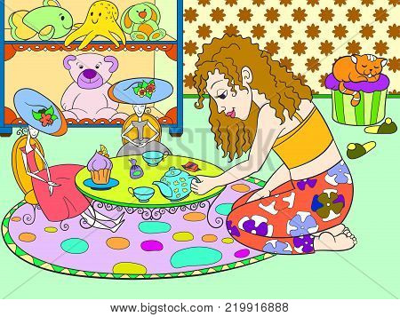 Children color vector girl in childrens room playing with dolls.