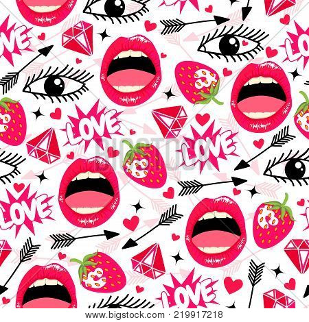 Funny seamless pattern with lips, eyes, love, diamond, hearts, strawbery and arrows. Fashion background with design elements.