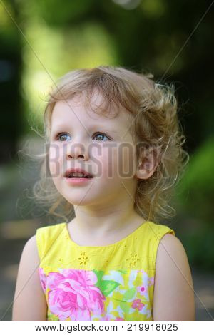 Kid on idyllic sunny day. Toddler with blond curly hair on natural landscape. Outdoor fun leisure lifestyle. Child childhood concept. Girl with adorable face in summer park.