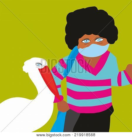 A boy with a bird on a bright background.