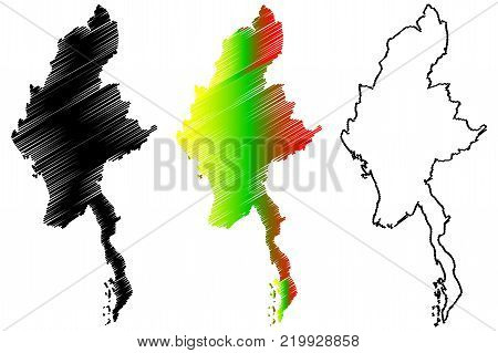 Myanmar map vector illustration, scribble sketch Republic of the Union of Myanmar, Burma,