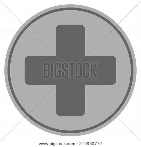 Medical Cross silver coin icon. Vector style is a silver gray flat coin symbol.