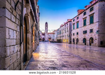 Scenic view at old beautiful streets in city center of historical town Dubrovnik, croatian heritage, Europe.