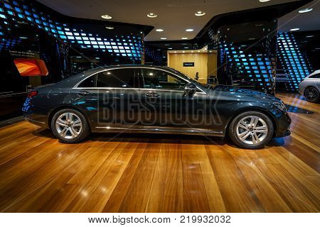 BERLIN - DECEMBER 21, 2017: Showroom. Full-size luxury car Mercedes-Benz S-Class S350d (W222 Facelift). Since 2017.