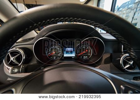 BERLIN - DECEMBER 21, 2017: Showroom. Interior of mid-size luxury pickup truck Mercedes-Benz X-Class X220d 4Matic. Since 2017.