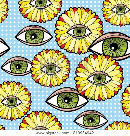 Seamless pattern with fantastic transvaal daisy and human eyes. Colorful illustration in vector.