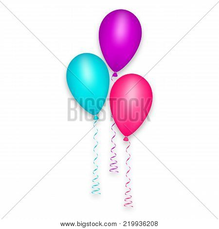 Decoration set balloon blue pink purple, ribbon blue pink purple. Happy birthday party background design element. Vector illustration