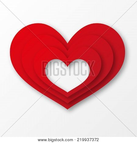 Greeting card red love heart, valentines day background, valentine,  cupid, holiday design, romantic, symbol, banner, wedding, marriage decoration, element, icon. Vector illustration