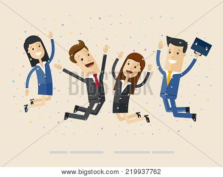 Businessmans and womans jump with happiness together.  Business people jumping up celebrating success. Vector, flat