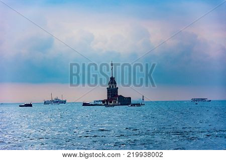 The Maiden's Tower from Byzantine period is a famous touristic destination in Istanbul city of Turkey