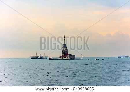The Maiden's Tower from Byzantine period is a famous touristic destination in Istanbul city of Turkey