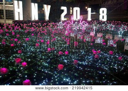 BANGKOK , THAILAND - DECEMBER 14 , 2017 : Flower and star light decorated beautiful New Year Celebration 2018 at Esplanade Cineflex for Happy New Year event in Bangkok city,Thailand.