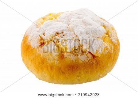 Traditional Portuguese coconut pastry called Pao de Deus isolated on white background.