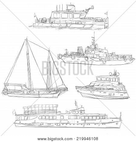 vector set of line drawing ships and boats, hand drawn illustration