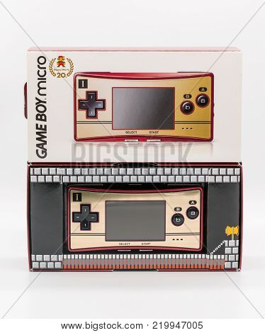 Bangkok, Thailand - Dec 20, 2017: Gameboy Micro 20th Anniversary, Vintage portable game by Nintendo. Illustrative, editorial.