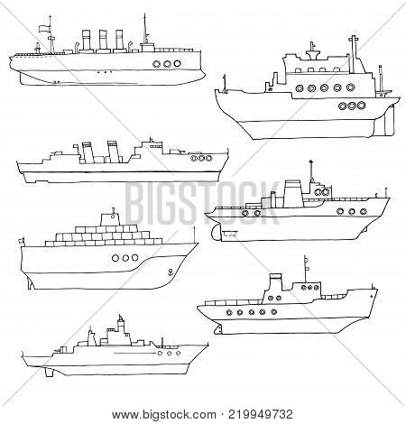 vector set of line drawing ships, hand drawn illustration