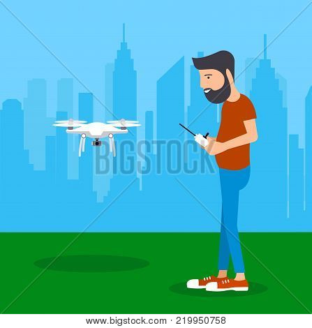 On the image presented Man launches drone vector illustration.